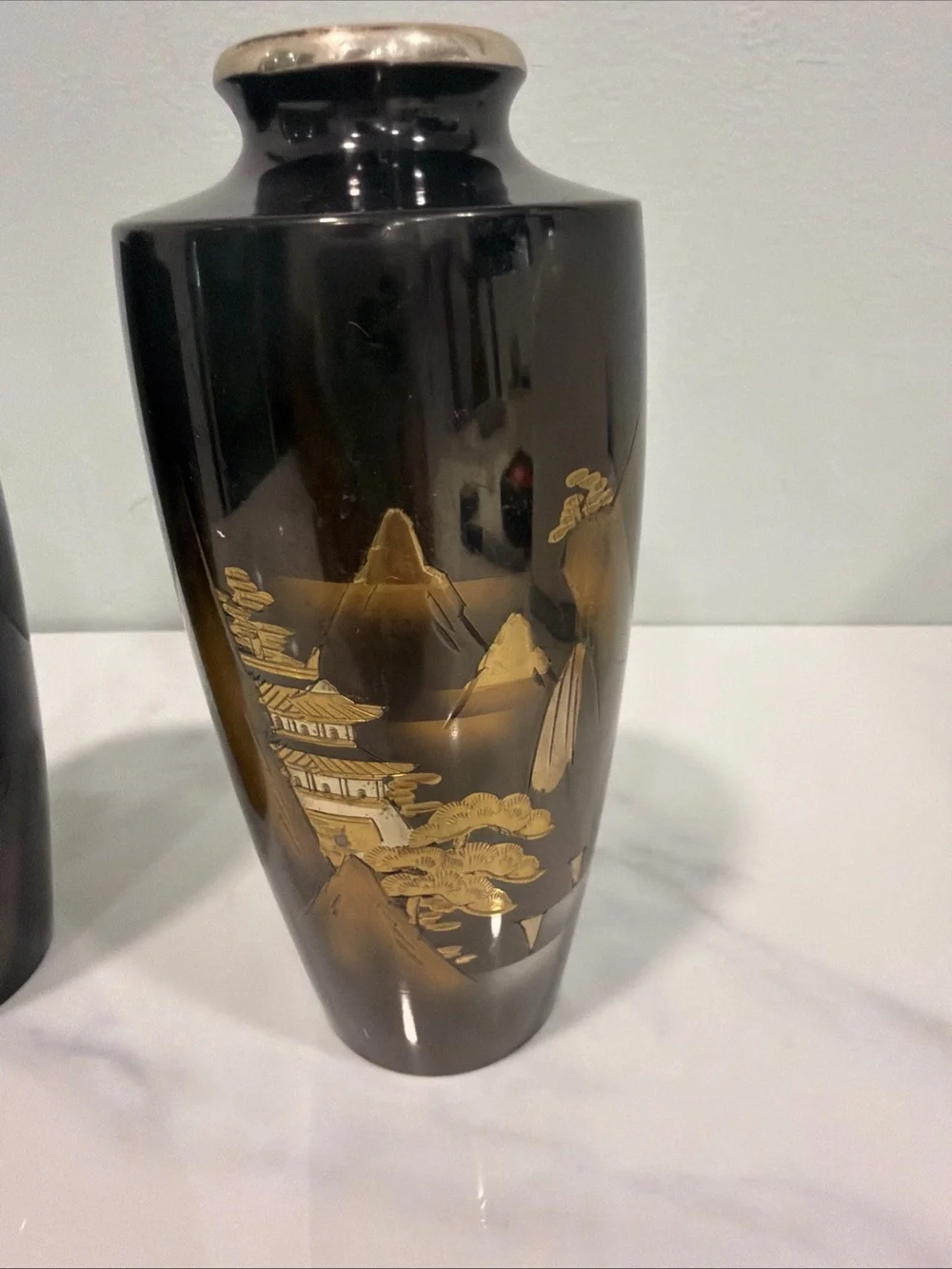 Black and Gold Decorative Ceramic Vases - Pair